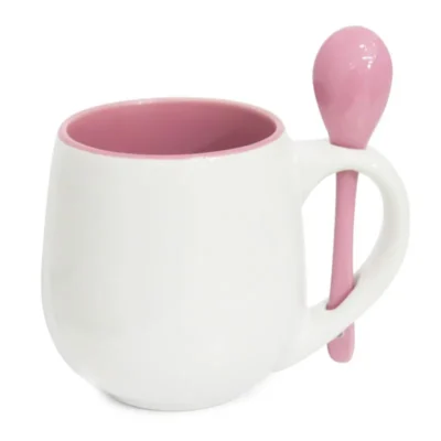 Caneca Branca Belly com colher e Interior Rosa - 350ml