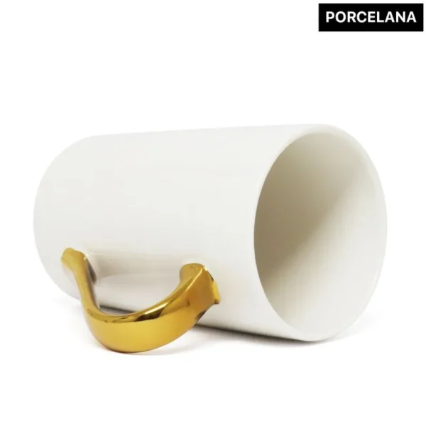Caneca Cônica Branca de Porcelana para Sublimação com Alça Cromada Dourada - 400ml - Imagem 2