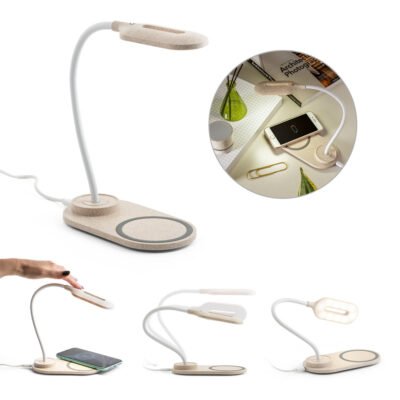 LEZZO. Luminária de mesa com carregador por indução super-rápido (15W), em ABS e fibra de palha de trigo
