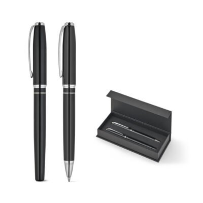 SARAMAGO. Set premium de 1 caneta esferográfica e 1 caneta roller em cobre e aço inox, com escrita em azul