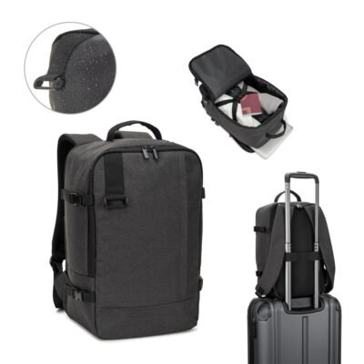 CIES. Mochila desenvolvida para cumprir as dimensões exigidas pelas companhias aéreas em poliéster reciclado 600D de alta densidade com acabamento repelente à água (20 L)