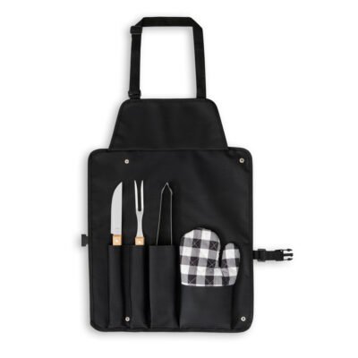 CHAMP. Kit churrasco com 3 utensílios em aço inox e madeira de Seringueira e luva