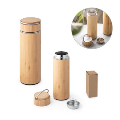 SOW. Garrafa térmica em aço inox e bambu, de parede dupla isolada a vácuo (440 mL)