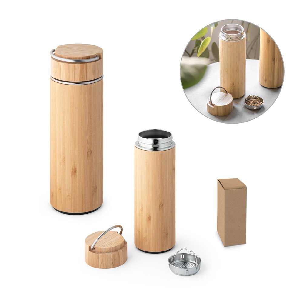 SOW. Garrafa térmica em aço inox e bambu, de parede dupla isolada a vácuo (440 mL)