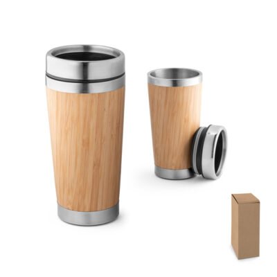 PIETRO. Copo de viagem térmico em aço inox e bambu, de parede dupla isolada a ar (500 mL)