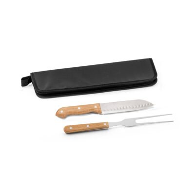 LOVAGE. Kit churrasco com estojo em 210D com 2 utensílios em aço inox e cabos em madeira