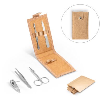 ZENA. Conjunto de manicure em cortiça com peças em aço inox