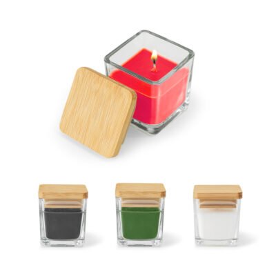 ESSENCE. Vela aromática, de 50 g., em copo de vidro com tampa em bambu