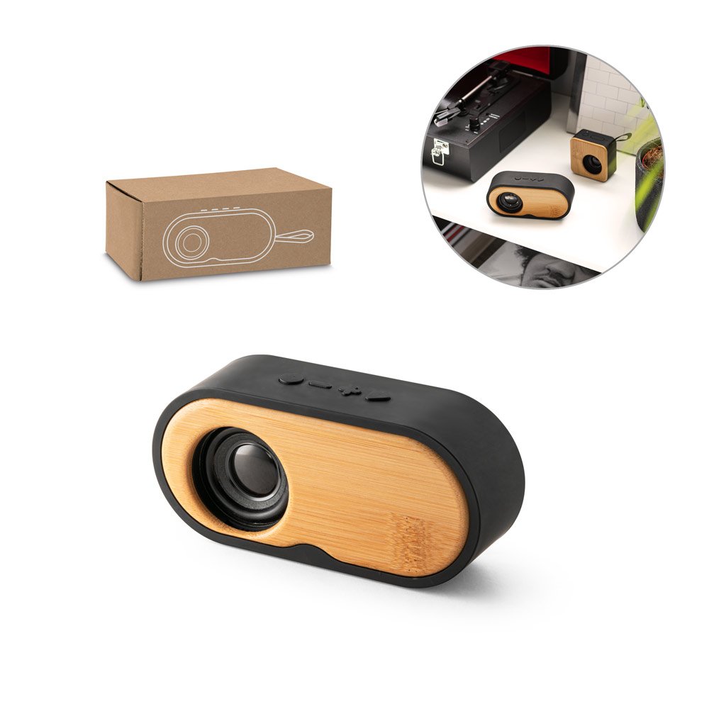 TILLY. Caixa de som portátil com autonomia de 5h (1'200 mAh), em bambu e ABS 100% reciclado