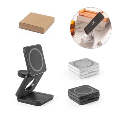 BROGLIE. Carregador magnético por indução super-rápido (wireless), dobrável, que permite carregar três dispositivos simultaneamente, em ABS 100% reciclado