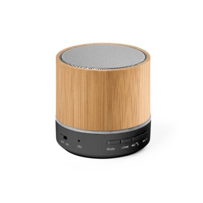 RE-GLASHOW. Caixa de som portátil com microfone e autonomia de 4h30 (400 mAH), em bambu e ABS 100% reciclado