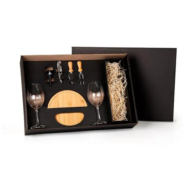 Kit Queijo e Vinho com Espaço para Garrafa - 7 pçs personalizada com logo