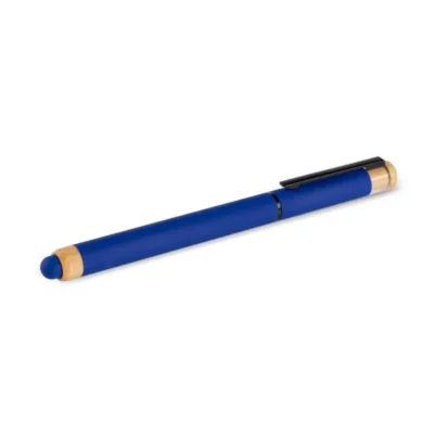 Caneta Roller em Alumínio Reciclado e Bambu azul em e com tampa personalizada com logo