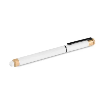 Caneta Roller em Alumínio Reciclado e Bambu branca em e com tampa personalizada com logo