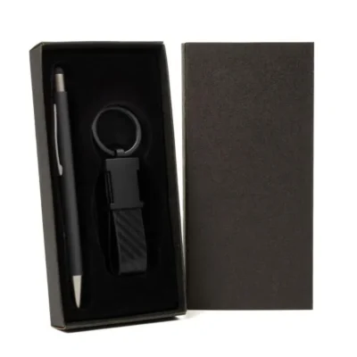Caneta e Chaveiro em Metal Cinza personalizada com logo