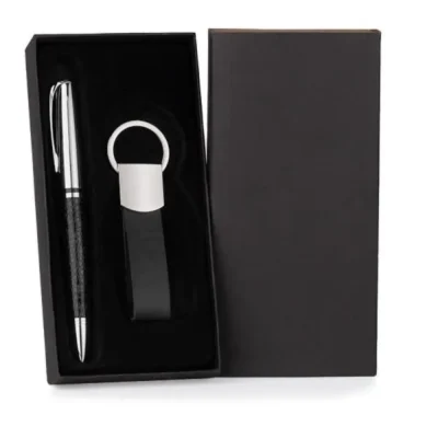 Caneta e Chaveiro em Metal e Material Sintético Preto personalizada com logo