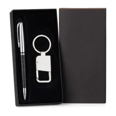 Caneta e Chaveiro em Metal e Material Sintético personalizada com logo