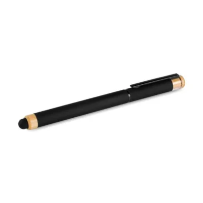 Caneta Roller em Alumínio Reciclado e Bambu preta em e com tampa personalizada com logo