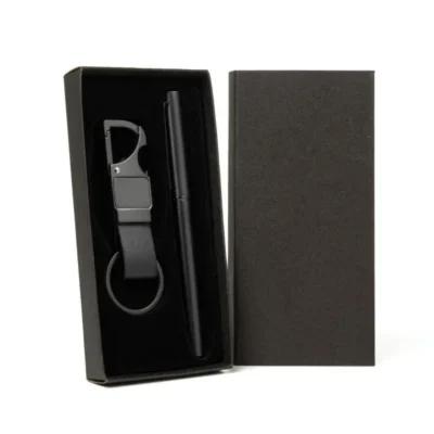 Caneta Roller e Chaveiro Cinza em Metal e PU Preto personalizada com logo