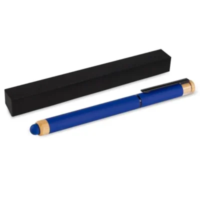 Caneta Roller em Alumínio Reciclado e Bambu azul em / personalizada com logo