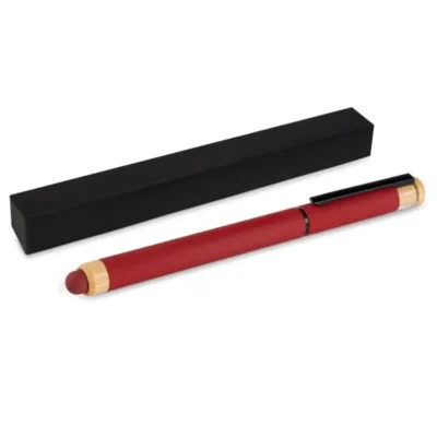 Caneta Roller em Alumínio Reciclado e Bambu vermelha em e com tampa personalizada com logo