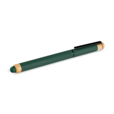 Caneta Roller em Alumínio Reciclado e Bambu verde em e com tampa personalizada com logo