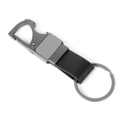 Chaveiro Mosquetão Cinza em Metal e PU personalizado com logo
