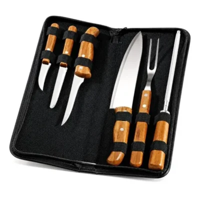 Conjunto de Facas Bambu e Madeira e Inox com Estojo por faca 8"