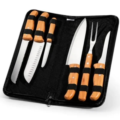 Conjunto de Facas Bambu e Madeira e Inox com Estojo
