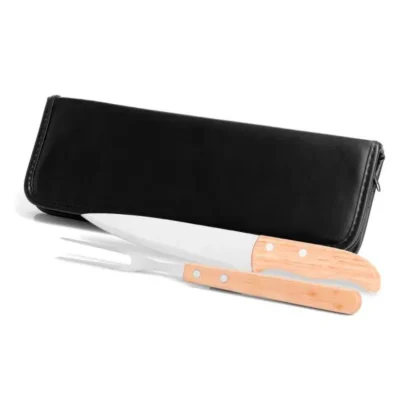 Conjunto de Garfo e Faca Inox e Madeira com Estojo - 3 pçs