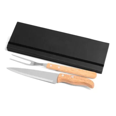 Conjunto de Garfo e Faca Inox e Madeira com Estojo