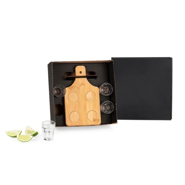 Conjunto em Bambu com 4 Copos para Dose - 5 pçs personalizado com logo