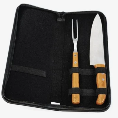 Conjunto Garfo e Faca Bambu e Madeira e Inox com Estojo