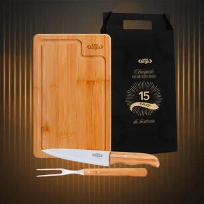 Conjunto para Churrasco em Bambu e Inox e Madeira - 3 Pçs