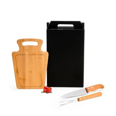Conjunto para Churrasco em Bambu e Madeira e Inox - 3 por tábua com 30x21x1