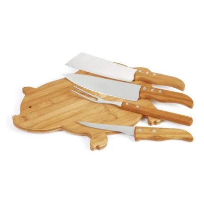 Kit para Cozinha com Tábua Porco em Bambu e Madeira /