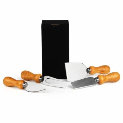 Conjunto para Queijo Inox e Madeira - 4 pçs - com Caixa