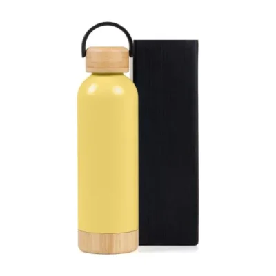 Garrafa Parede Dupla com Detalhes em Bambu - Amarela - 500ml personalizada com logo