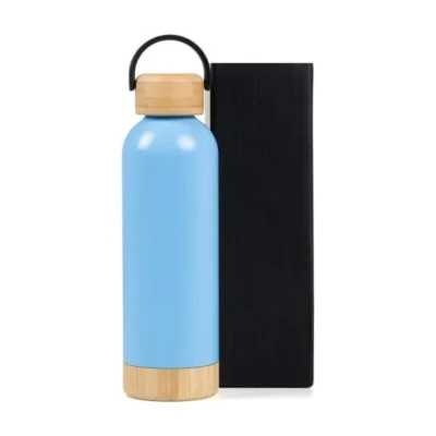 Garrafa Parede Dupla com Detalhes em Bambu - Azul - 500ml personalizada com logo