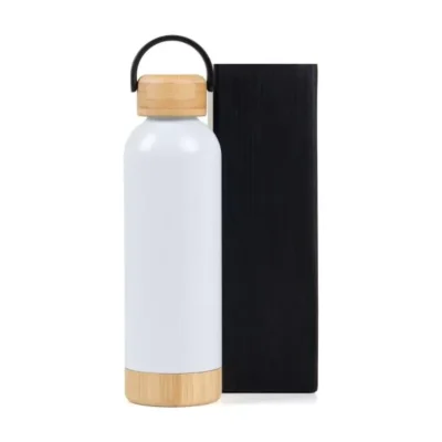 Garrafa Parede Dupla com Detalhes em Bambu - Branca - 500ml personalizada com logo