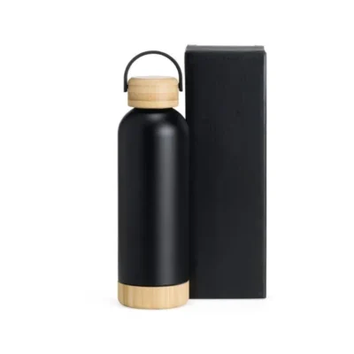 Garrafa Parede Dupla com Detalhes em Bambu - Preta - 500ml personalizada com logo