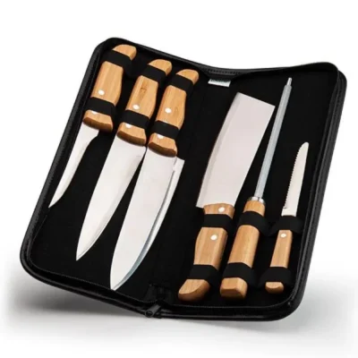 Conjunto de Facas Bambu e Madeira e Inox com Estojo por uma faca 8”