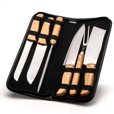 Conjunto de Facas Bambu e Madeira e Inox com Estojo por faca 8”