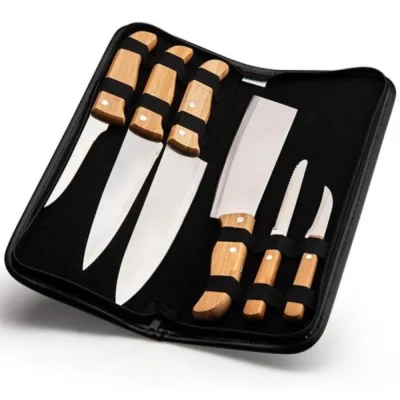 Conjunto de Facas Bambu e Madeira e Inox com Estojo