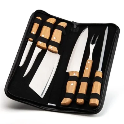Conjunto de Facas Bambu e Madeira e Inox com Estojo