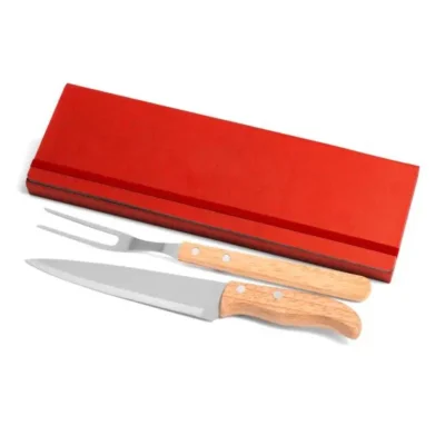 Kit Garfo e Faca Inox e Madeira com Estojo Vermelho 3 pçs