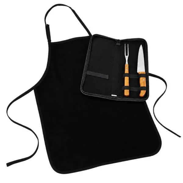 Kit Garfo, Faca Inox e Bambu com Estojo e Avental - 4 pçs