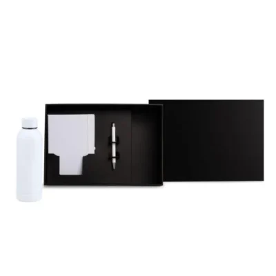 Kit Garrafa, Caderno e Caneta - Branco - 3 pçs personalizada com logo