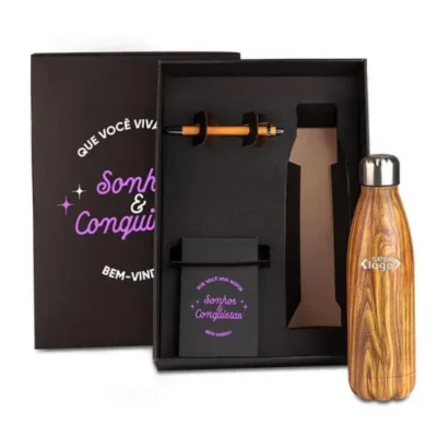 Kit Garrafa e Acessórios - 3 com em Aço Inox personalizada com logo