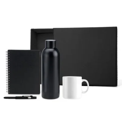 Kit Garrafa e Acessórios - 4 por em Inox na cor preta personalizada com logo